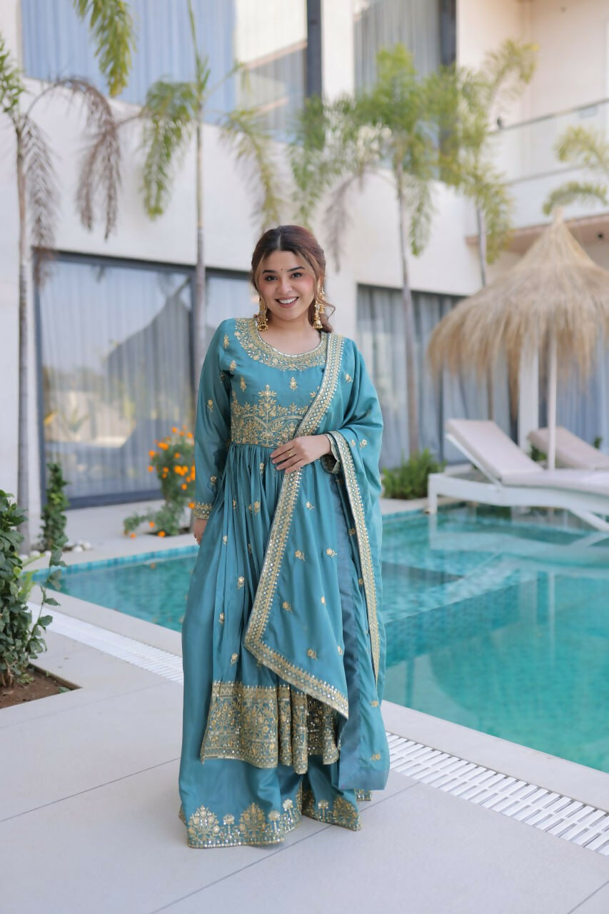 Teeya Creation Womens New Bollywood Stylish Super Silk With Rich Sequins Embroidered Work Kurta Set | Grocsy