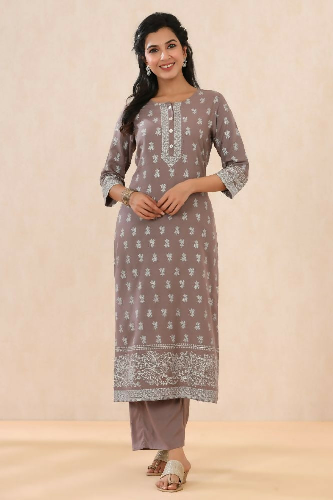 Juniper Grey Ethnic Motif Printed Rayon Kurta With Buttons | Grocsy
