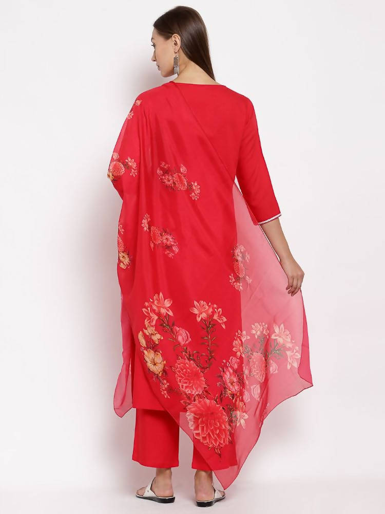 Myshka Women's Red Cotton Solid 3/4 Sleeve Square Neck Casual Kurta Pant Dupatta Set | Grocsy