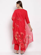 Myshka Women's Red Cotton Solid 3/4 Sleeve Square Neck Casual Kurta Pant Dupatta Set | Grocsy