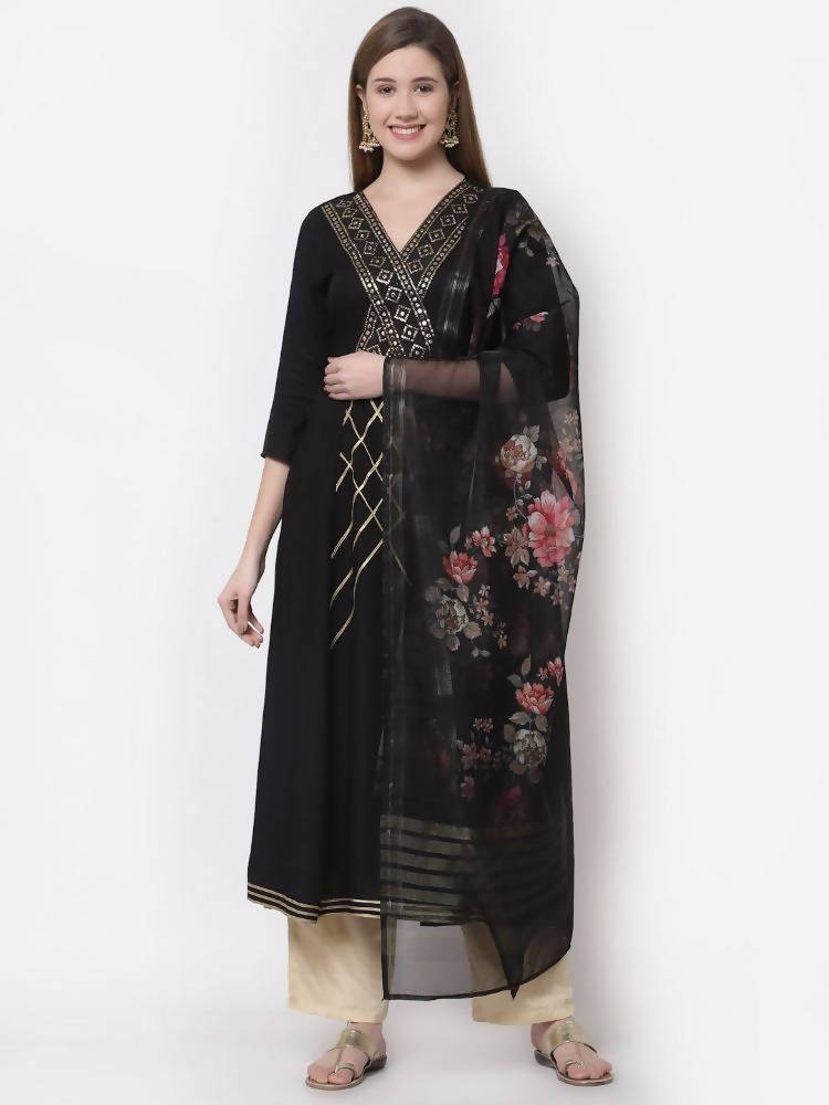 Myshka Black Color Rayon Embroidered 3/4 Sleeve Kurta With Dupatta Set | Grocsy