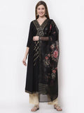 Myshka Black Color Rayon Embroidered 3/4 Sleeve Kurta With Dupatta Set | Grocsy