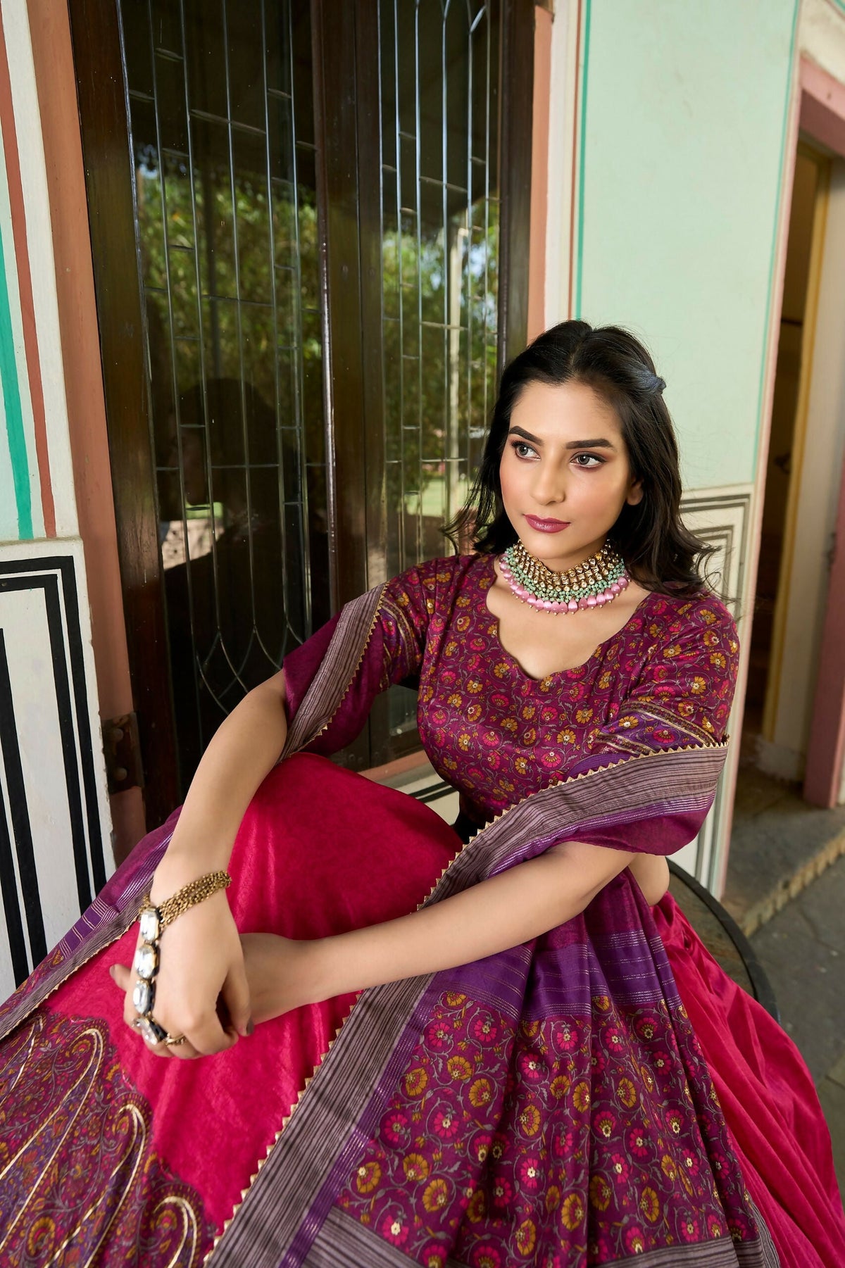 Vastranavya Kashmiri Print With Foil Print Lehenga With Unstitched Printed Blouse - Pink | Grocsy