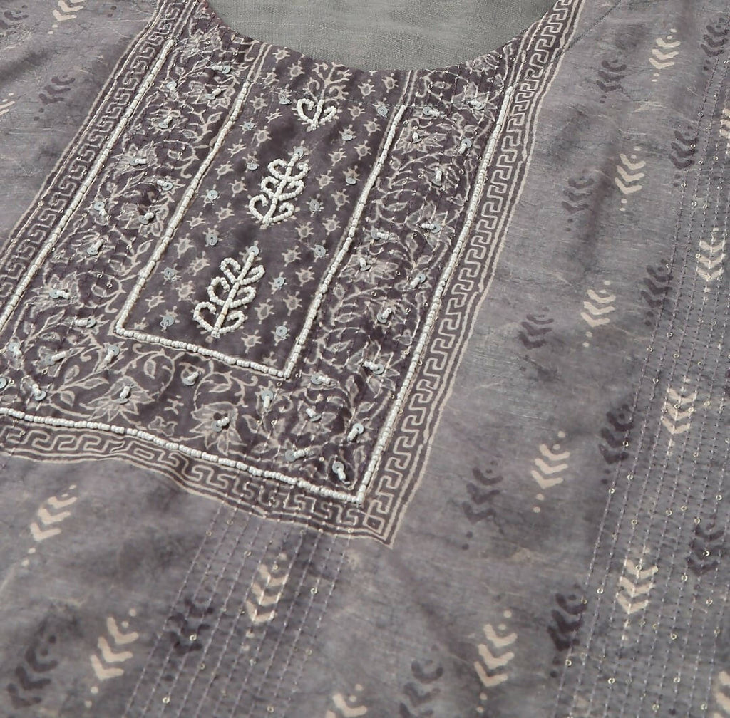Grey Chinon Digital Printed With Hand Work Kurta - Himanshi | Grocsy