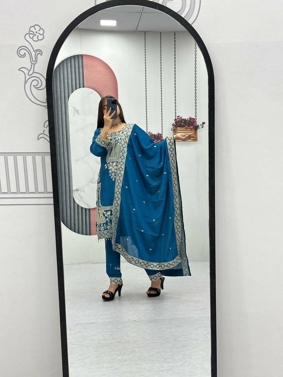 Teeya Creation Womens New Wedding Wear Heavy Embroidery Thread Work Teal Kurta Set | Grocsy