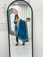 Teeya Creation Womens New Wedding Wear Heavy Embroidery Thread Work Teal Kurta Set | Grocsy