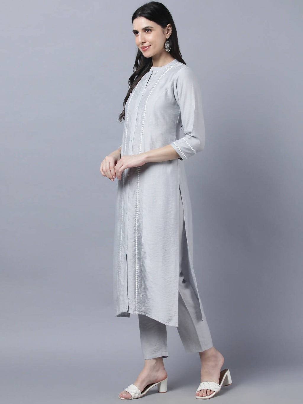 Myshka Stylish Grey Viscose 3/4 Sleeve Women's Kurta Pant Set | Grocsy