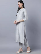 Myshka Stylish Grey Viscose 3/4 Sleeve Women's Kurta Pant Set | Grocsy