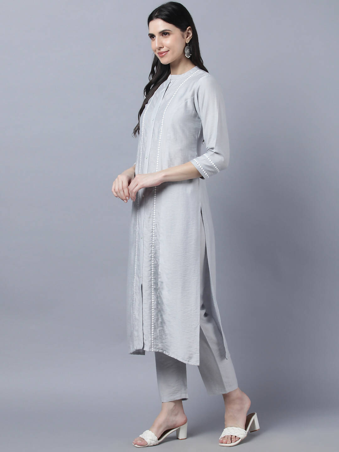 Myshka Stylish Grey Viscose 3/4 Sleeve Women's Kurta Pant Set | Grocsy