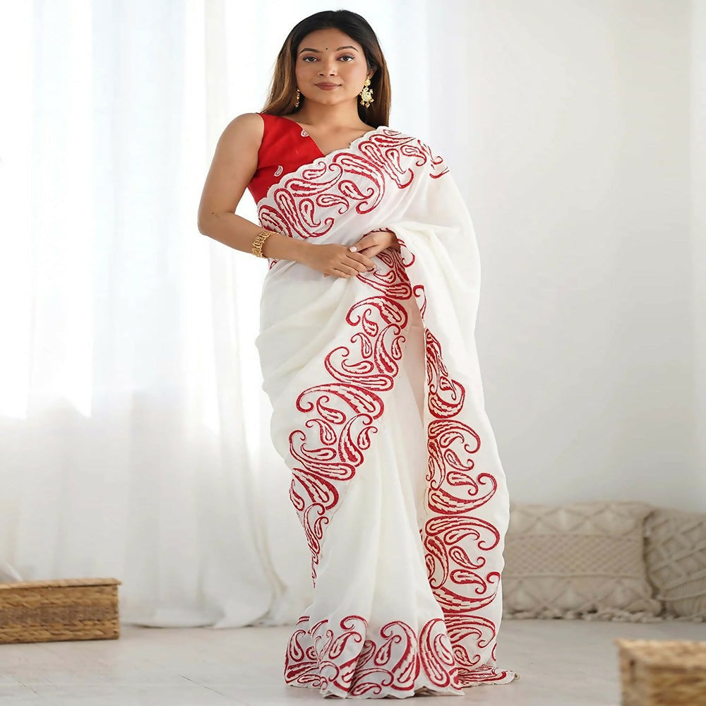 Joban Fashion Silk Blend Off White & Red Saree | Grocsy