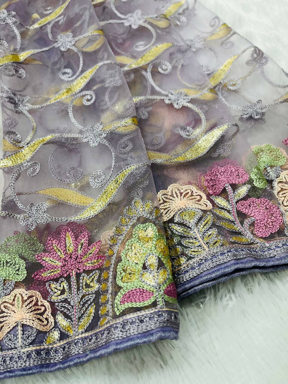 Vastranavya Soft Crush Georgette With Embroidery and Foil Multi Thread Work Saree - Lavender | Grocsy