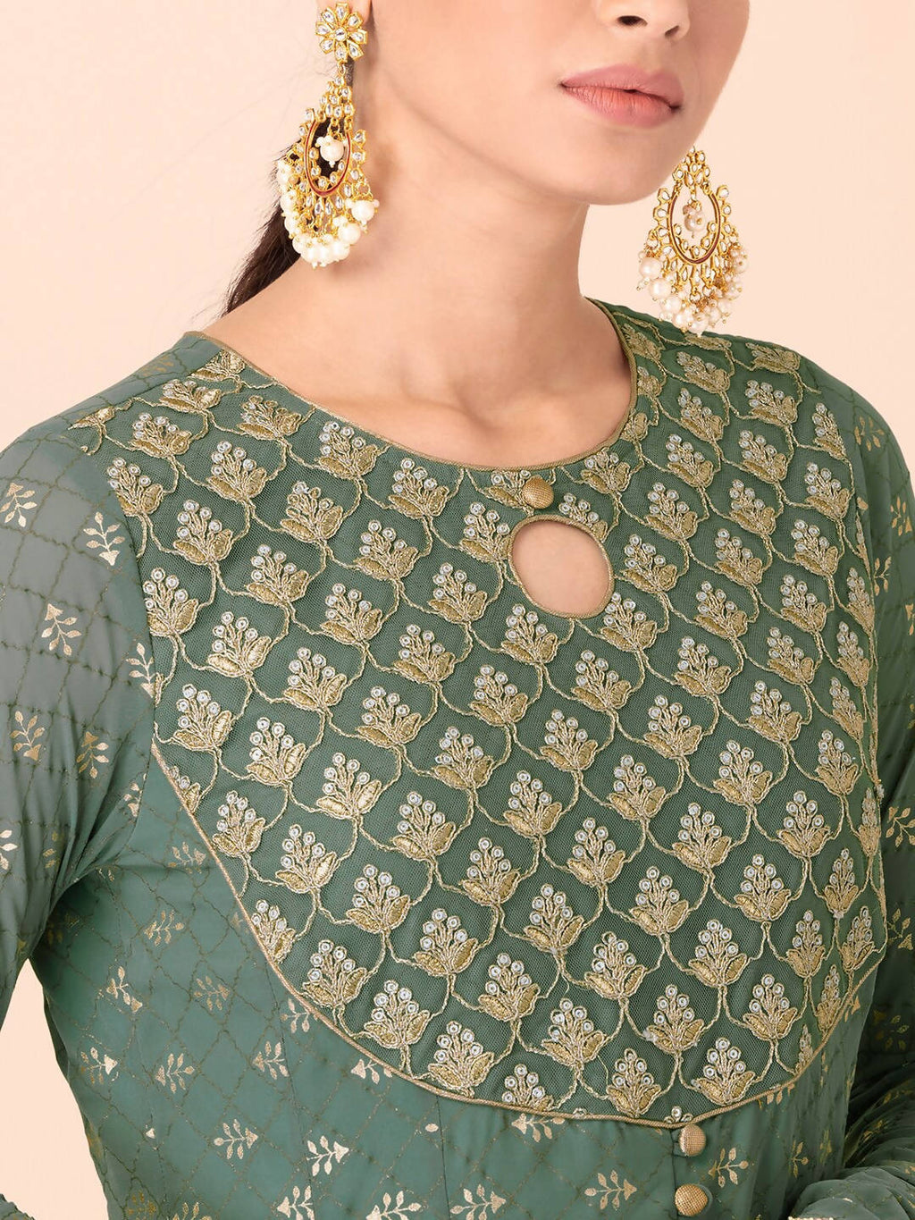 Indya Green & Gold-Toned Ethnic Motifs Printed Georgette Anarkali Kurta | Grocsy