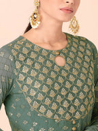Indya Green & Gold-Toned Ethnic Motifs Printed Georgette Anarkali Kurta | Grocsy