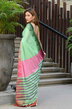 Beatitude Green Cotton Temple Border Handloom Saree | Grocsy