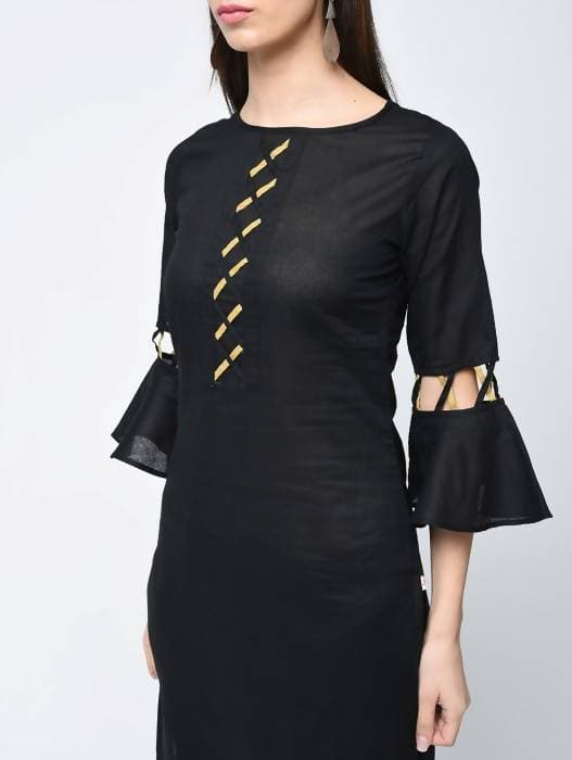 Aniyah Cotton Criss Cross Bell Sleeves Straight Kurta In Black (AN-101C) | Grocsy