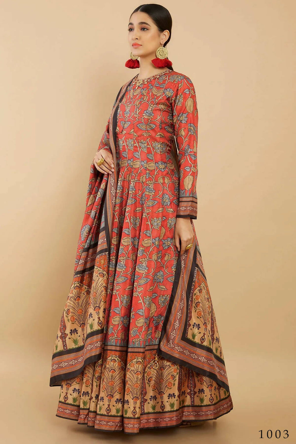 Women's Partywear Designer Red Soft Dola Silk Anarkali suit with Dupatta - Kalishta | Grocsy