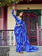 Vastranavya Blue Chiffon Floral Printed & Pearl Lace Border Saree with Unstitched Blouse | Grocsy