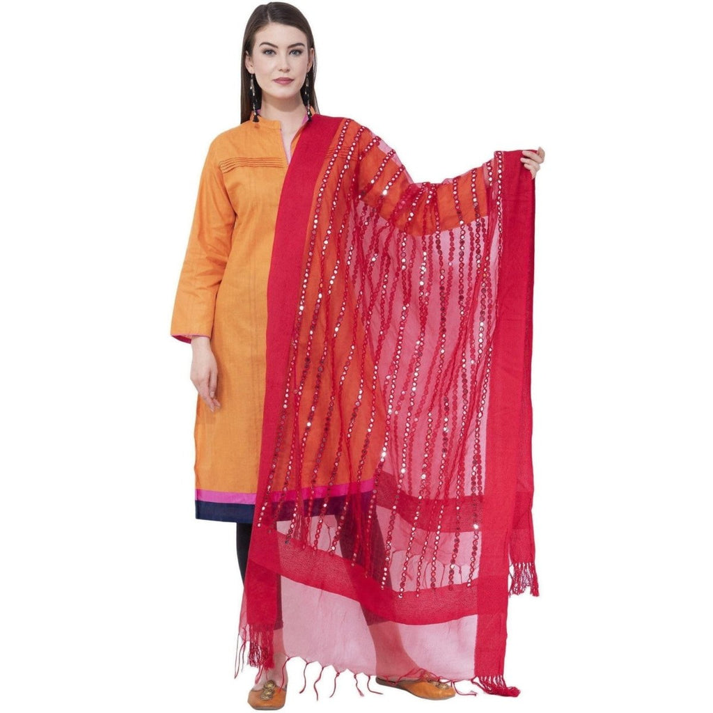 A R Silk Women's Heavy Mirror Work Orgenza Cotton Red Dupatta | Grocsy