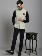 Even Apparels Self-Design Waistcoat With Welt Pockets - Beige | Grocsy