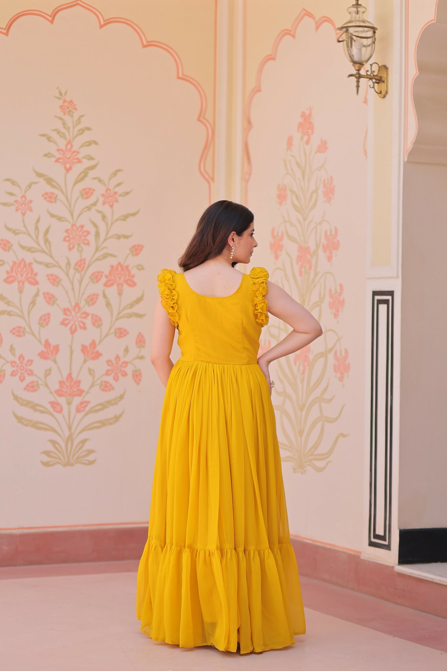 Joban Fashion Yellow Georgette Sequence Embroidery Work Gown | Grocsy