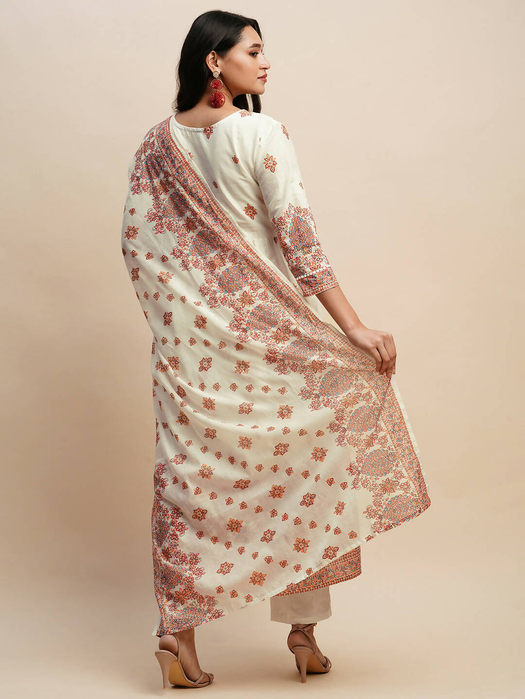 White And Peach Pure Cotton Floral Printed Anarkali Kurta And Bottom With Dupatta - Akashara | Grocsy