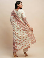 White And Peach Pure Cotton Floral Printed Anarkali Kurta And Bottom With Dupatta - Akashara | Grocsy