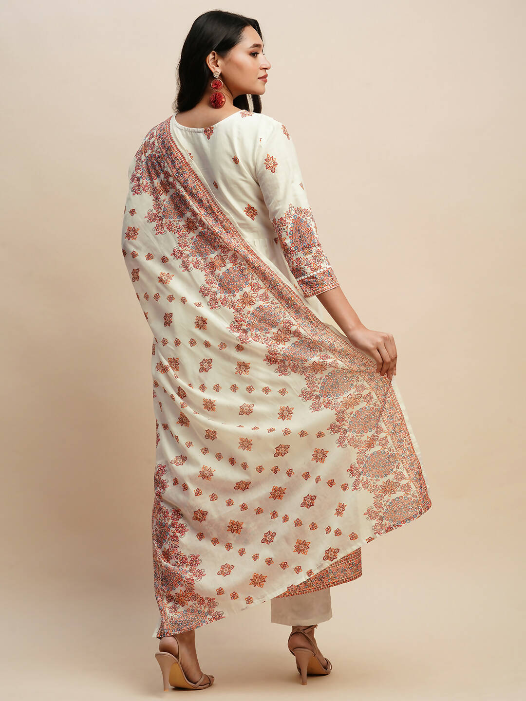 White And Peach Pure Cotton Floral Printed Anarkali Kurta And Bottom With Dupatta - Akashara | Grocsy