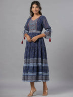 Juniper Women Navy Blue Georgette Geometric Printed Tiered Maxi Dress | Grocsy