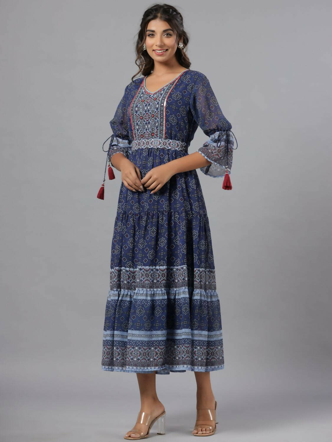 Juniper Women Navy Blue Georgette Geometric Printed Tiered Maxi Dress | Grocsy
