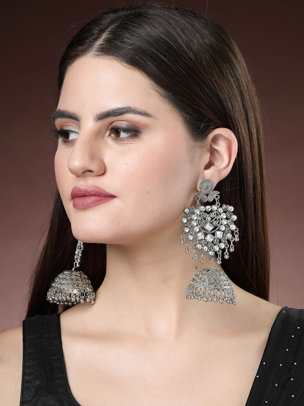 NVR Women's Silver-Plated Oxidised Artificial Stones Dome Shaped Jhumka Earrings | Grocsy