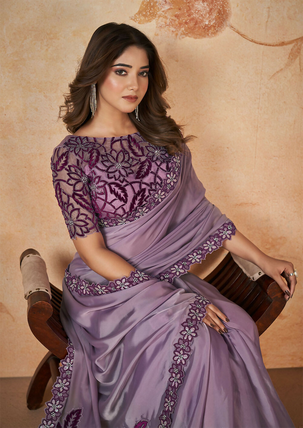 Purple Crepe Satin Silk Sequence & Cord Embroidered with Stone Work Saree - Mohmanthan Dakshika | Grocsy