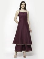 Myshka Marron Silk Blend Solid Sleeveless Round Neck Kurta Palazzo Dupatta Set | Grocsy