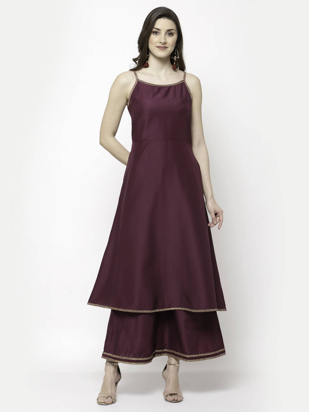 Myshka Marron Silk Blend Solid Sleeveless Round Neck Kurta Palazzo Dupatta Set | Grocsy