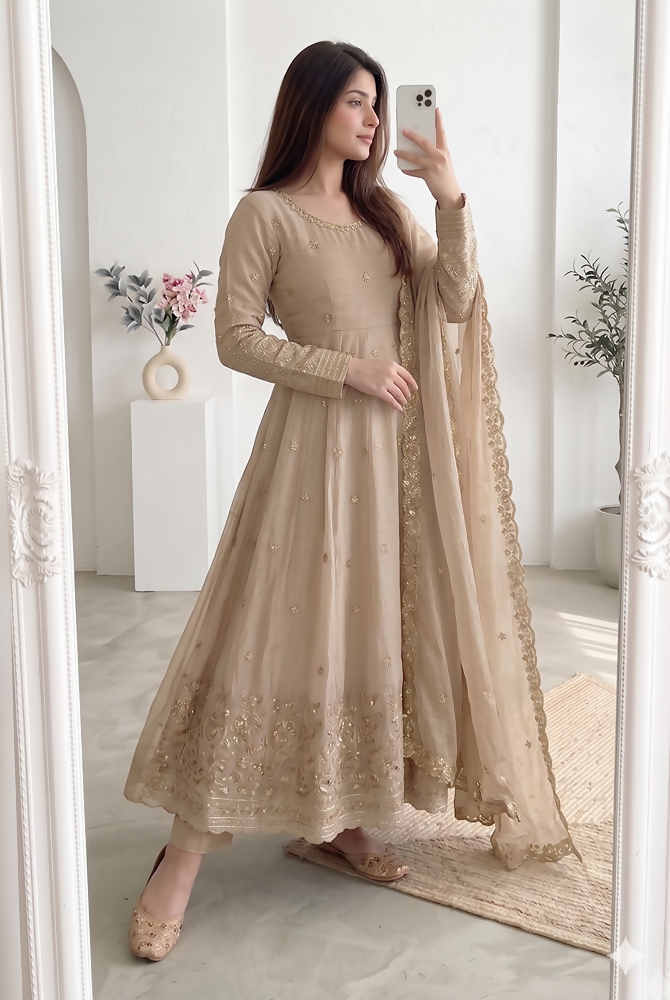 Teeya Creation New Stylish Trendy Elegant Cream Embroidered Anarkali Suit with Dupatta | Grocsy
