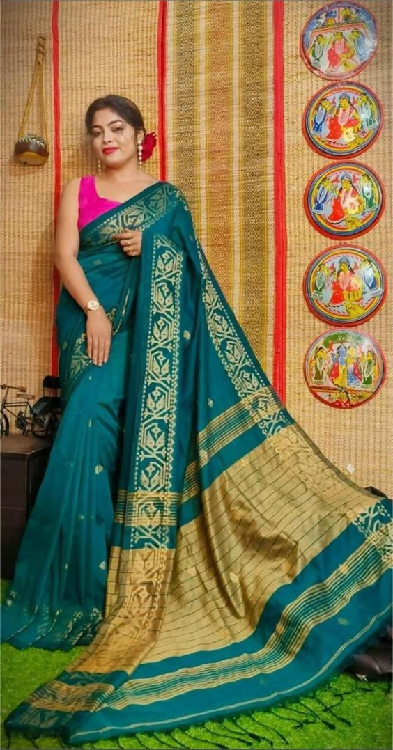 Exclusive Collection Beautiful Green Pure Cotton Woven Handloom Saree With Running Blouse Piece | Grocsy