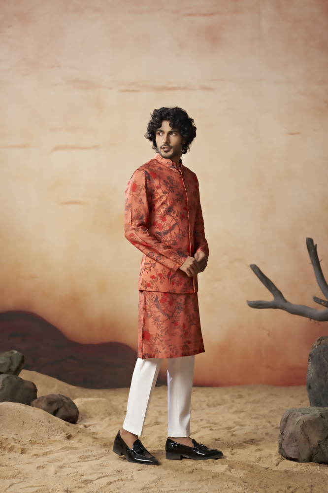 Floral Jal Print Silk Nehru Jacket Set by Hilo Design | Grocsy