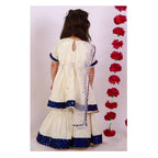 Little Bansi Girls Cream & Indigo Mirror work Kurta Frock with Sharara & Dupatta | Grocsy