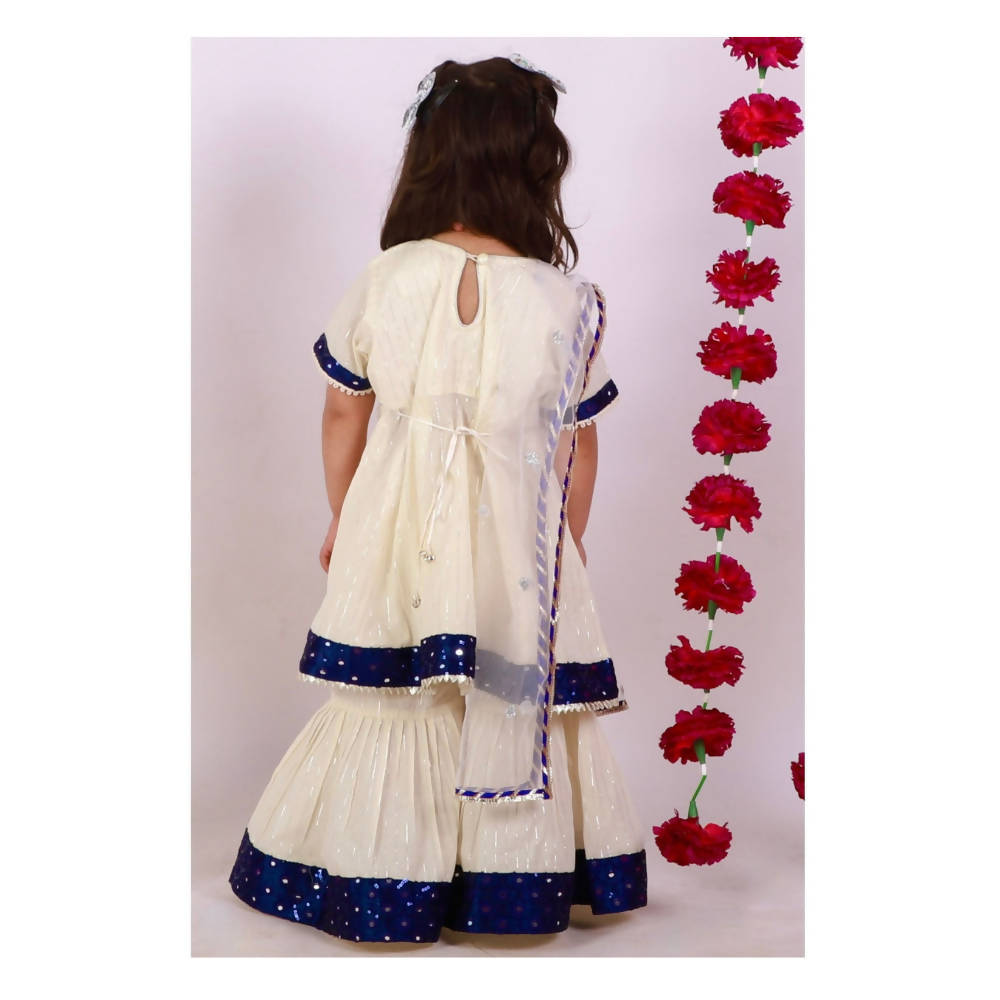 Little Bansi Girls Cream & Indigo Mirror work Kurta Frock with Sharara & Dupatta | Grocsy