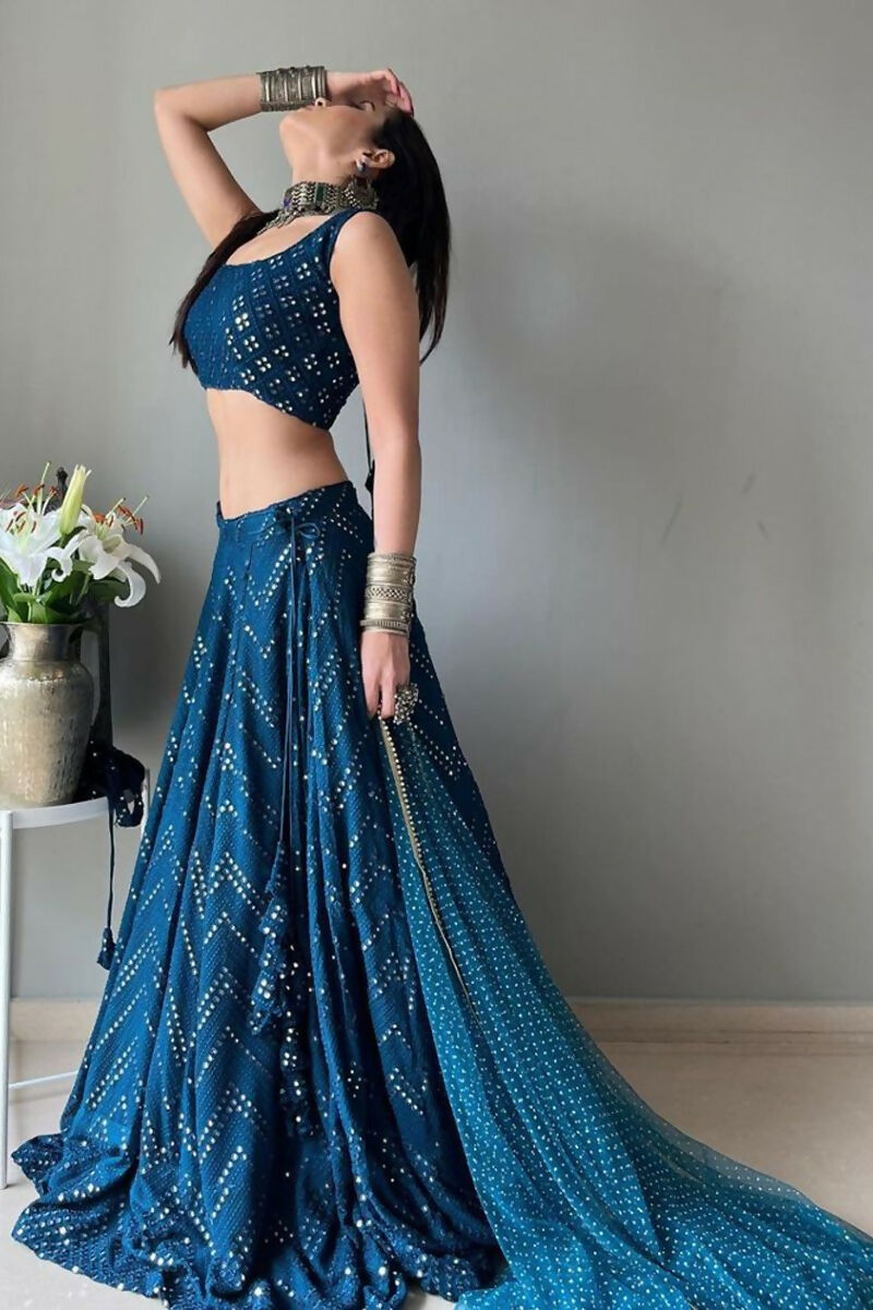 Jyoti Fashion Blue Thread Embroidery Georgette Designer Lehenga Choli with Dupatta | Grocsy
