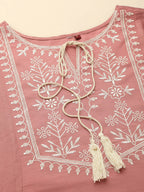 Peach Chinon Slub Floral Embroidered Top - Zeny | Grocsy