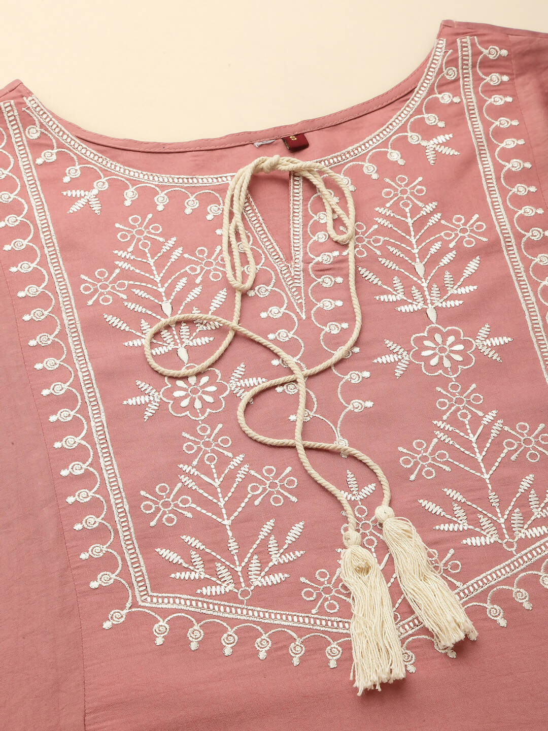 Peach Chinon Slub Floral Embroidered Top - Zeny | Grocsy