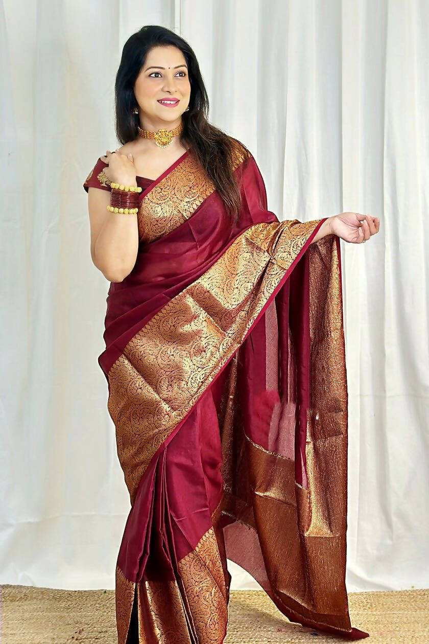 DEIANA'S Beautiful Designer Golden zari Soft Lichi Silk Saree - Maroon | Grocsy