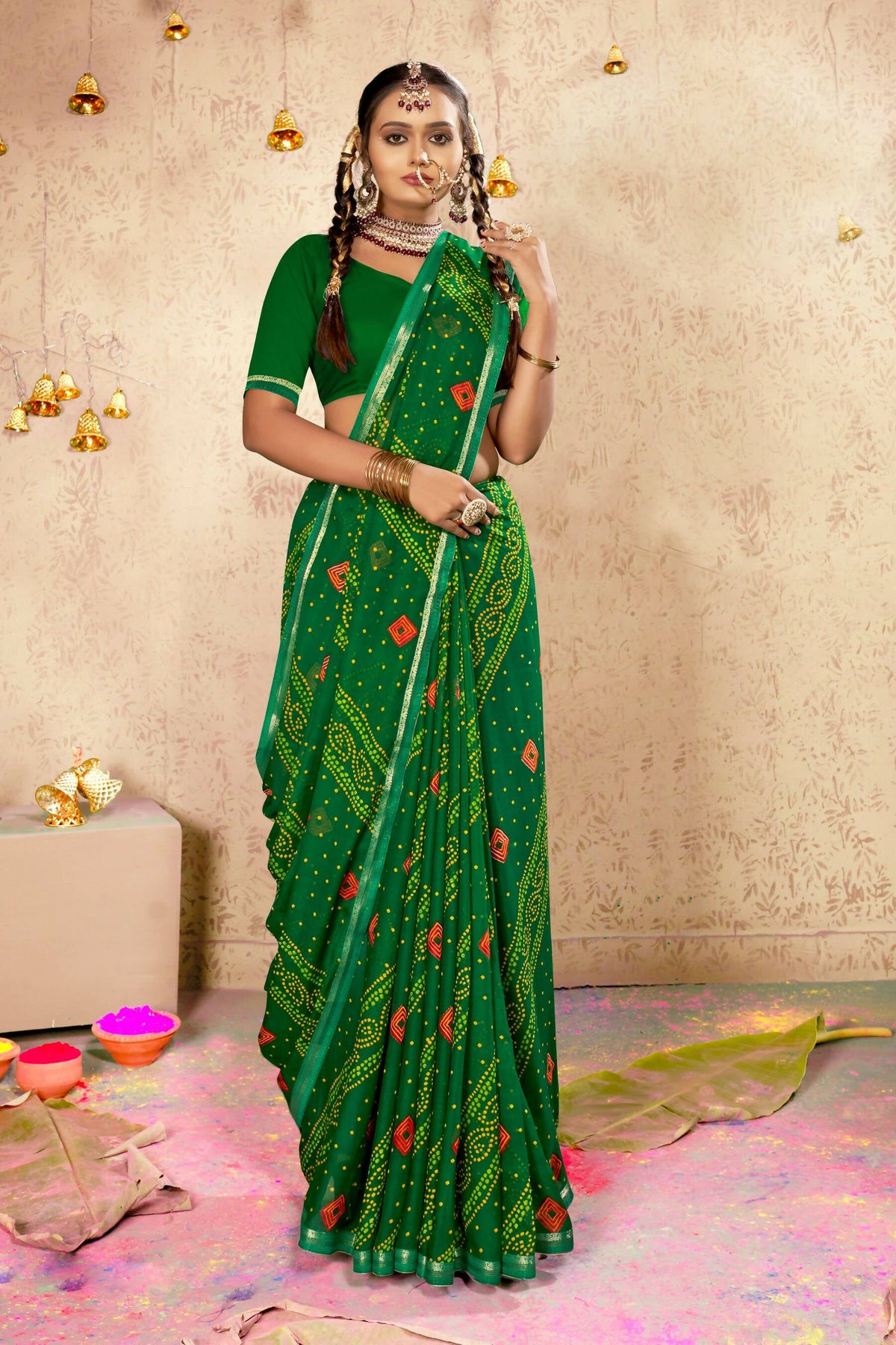 Green Georgette Bandhni Printed Saree With Unstitched Blouse Piece - Shanaya | Grocsy