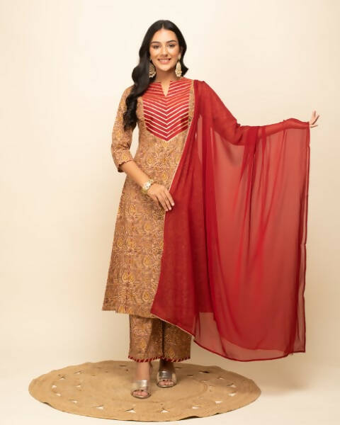 FIORRA Women's Brown Cotton A-Line Kurta Pant With Dupatta | Grocsy