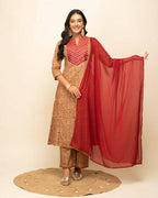 FIORRA Women's Brown Cotton A-Line Kurta Pant With Dupatta | Grocsy
