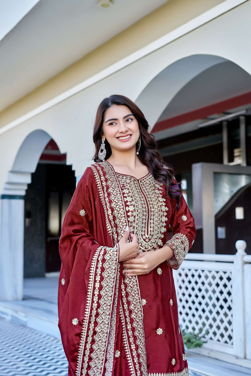 Teeya Creation Maroon Color Chinon Silk Heavy Embroidery Work Wedding Wear Sharara | Grocsy