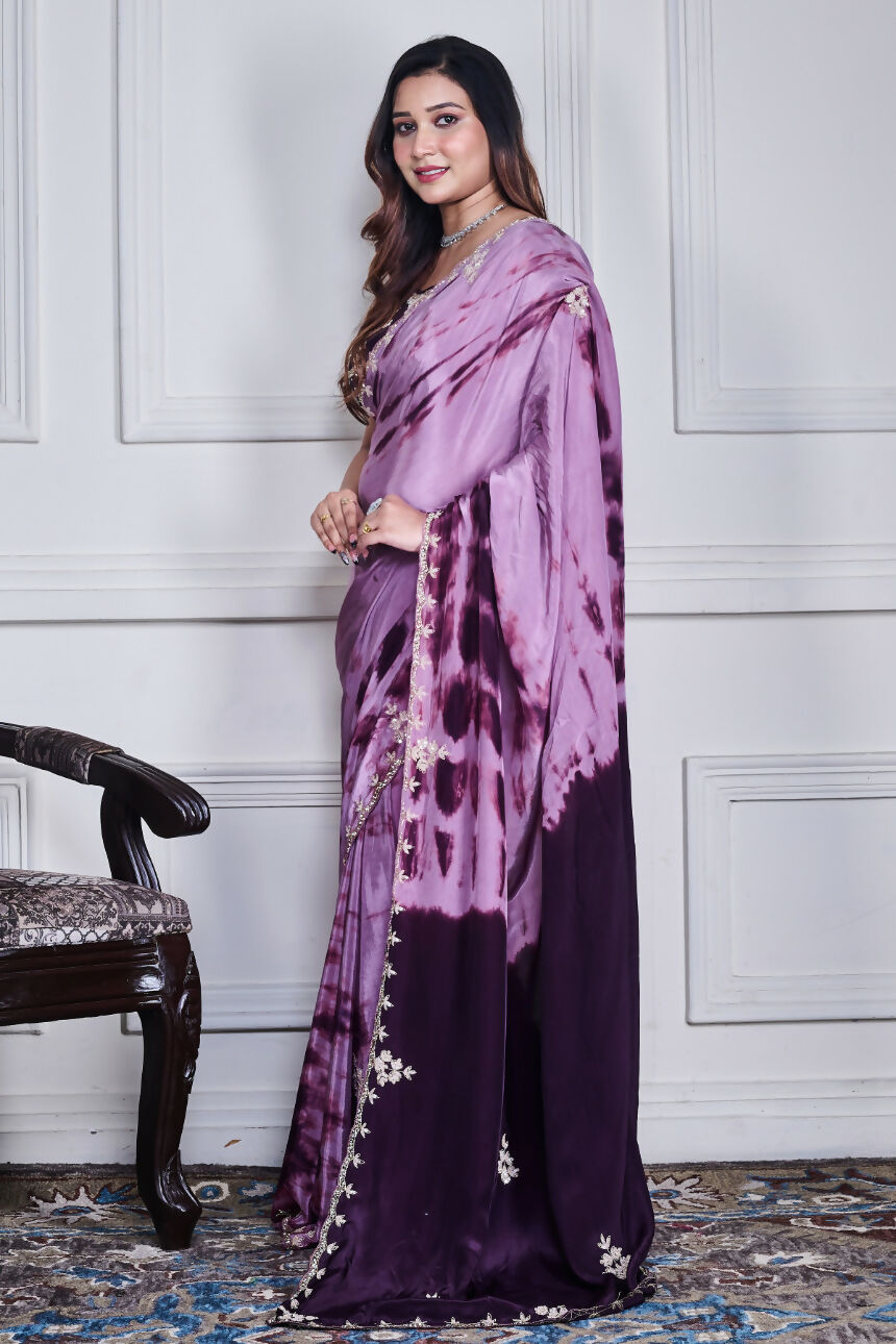 Morchari Wine Crepe Hand Embroidery Saree And Stitched Blouse | Grocsy