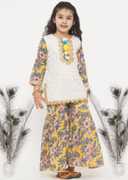 Little Bansi Girls Cotton Embroidery Kurta with Floral Sharara & Dupatta - White & Yellow | Grocsy
