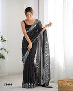 Georgette Designer Sequance Embroidery Work Party Wear Saree - Black | Grocsy
