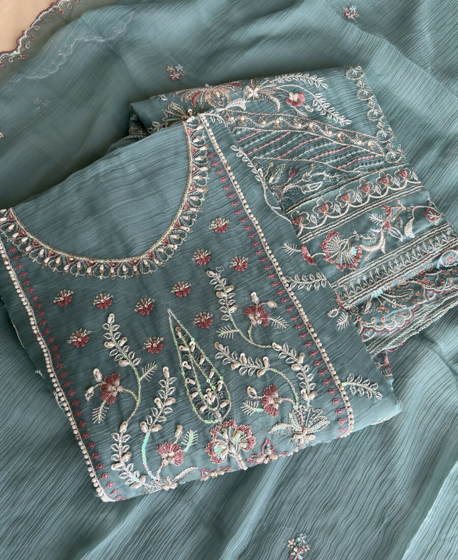 KC Beautiful Sky Blue Chiffon Silk Hand Embroidery Suit For Women | Grocsy
